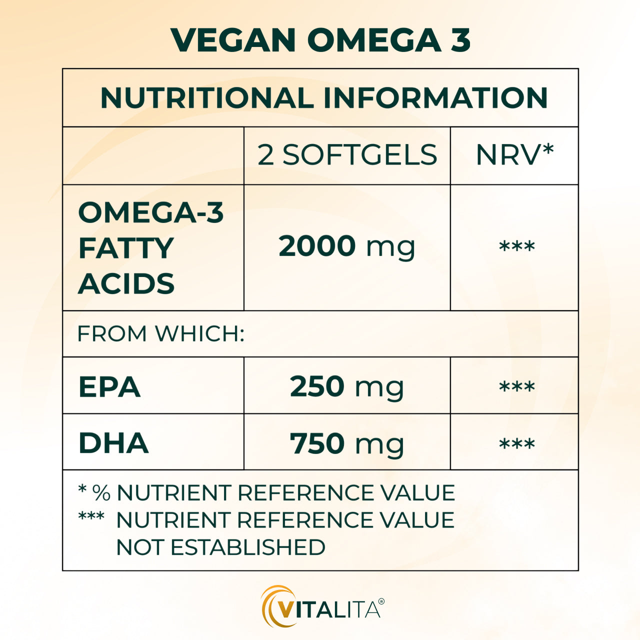 VITALITA Vegan Omega 3 from ALGAE nutritional Information/vetikast toitumisalane teave/de algas información nutricional