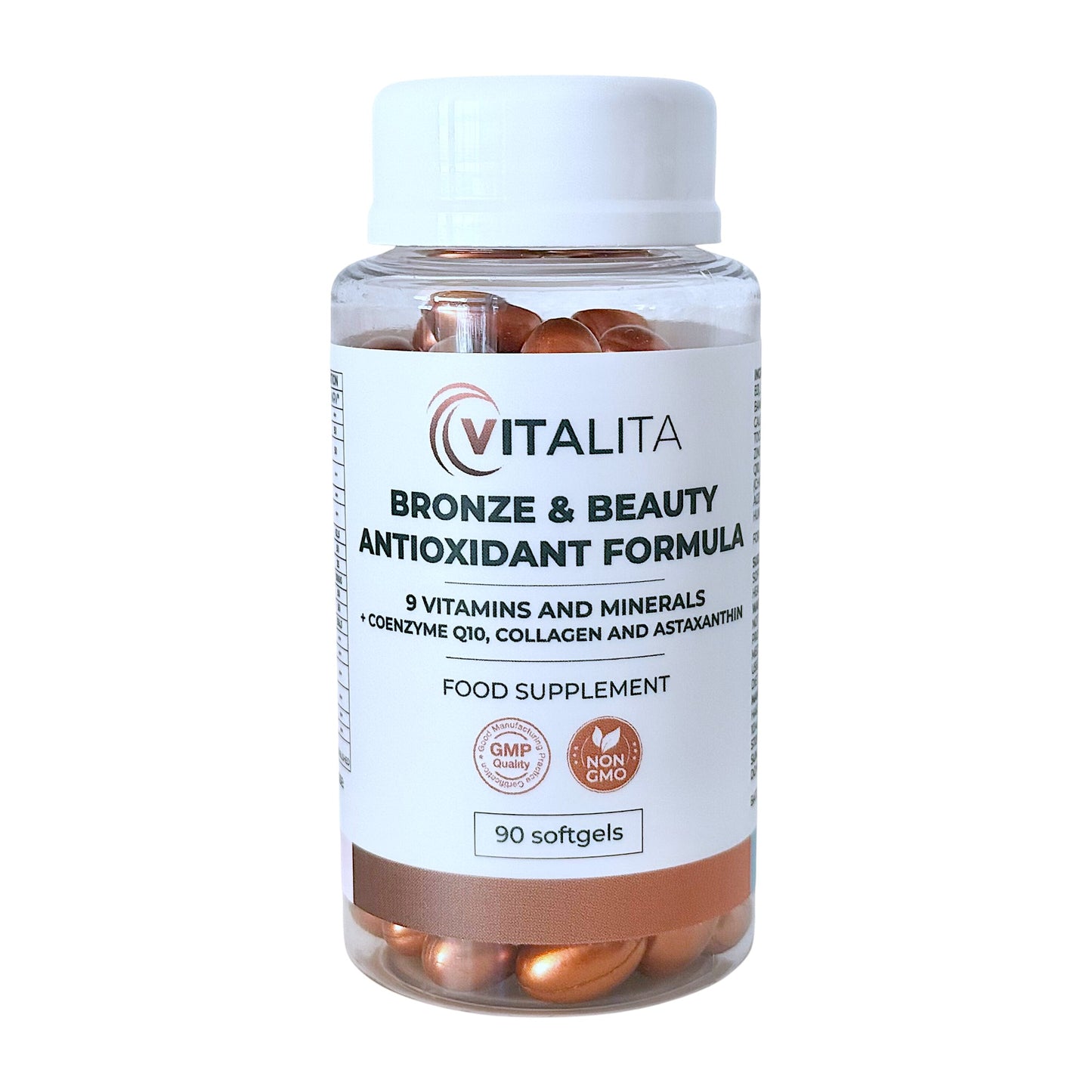 A jar of VITALITA Bronze & Beauty Antioxidant Formula with softgels inside. The label on the bottle indicates that it contains 9 vitamins and minerals.