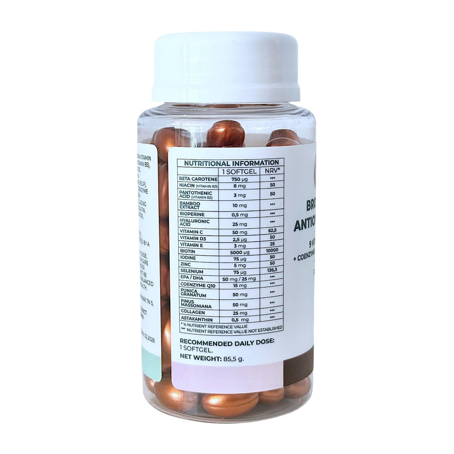 A jar of VITALITA Bronze & Beauty Antioxidant Formula with softgels inside. The label on the bottle indicates that it contains 9 vitamins and minerals - table side