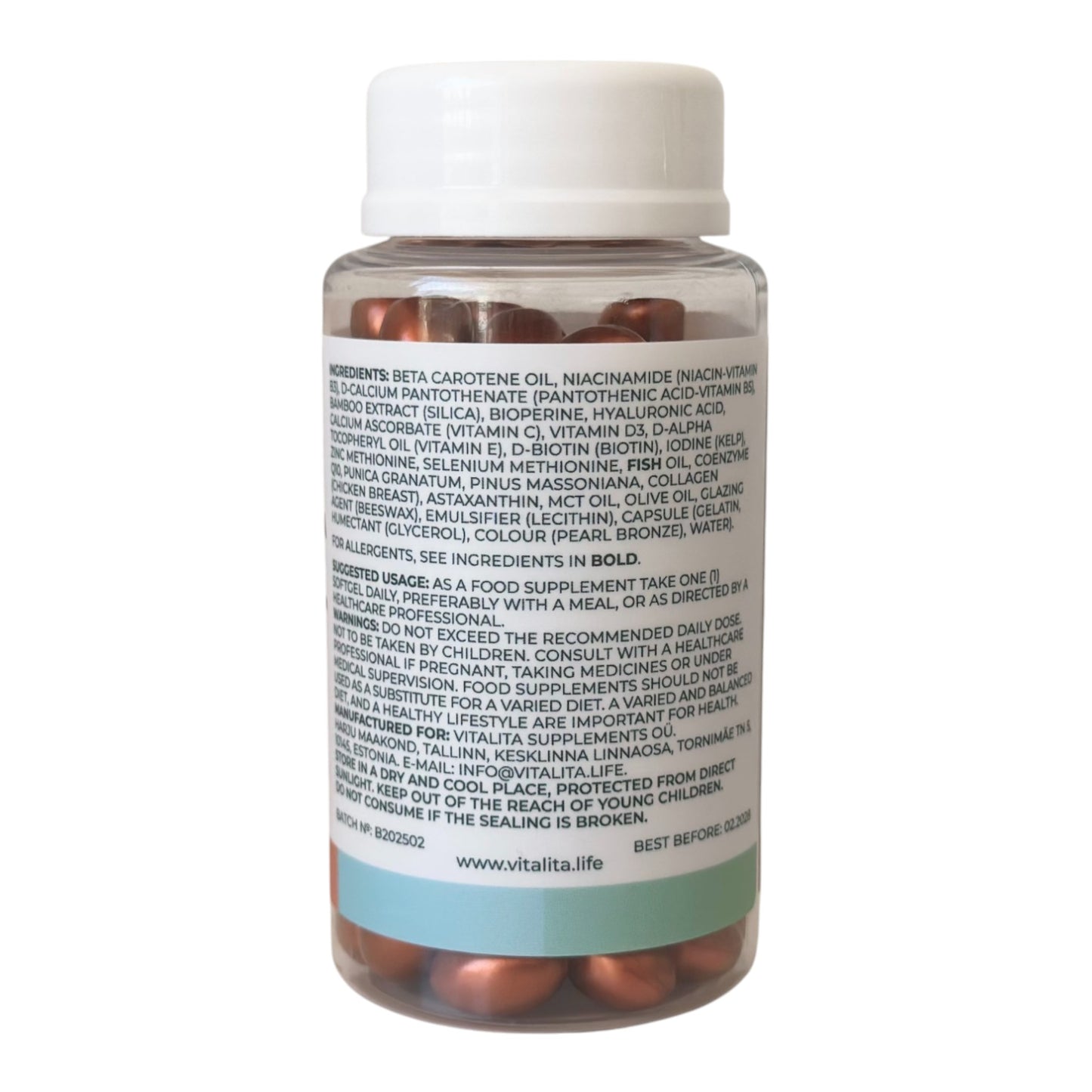 A jar of VITALITA Bronze & Beauty Antioxidant Formula with softgels inside. The label on the bottle indicates that it contains 9 vitamins and minerals - back side