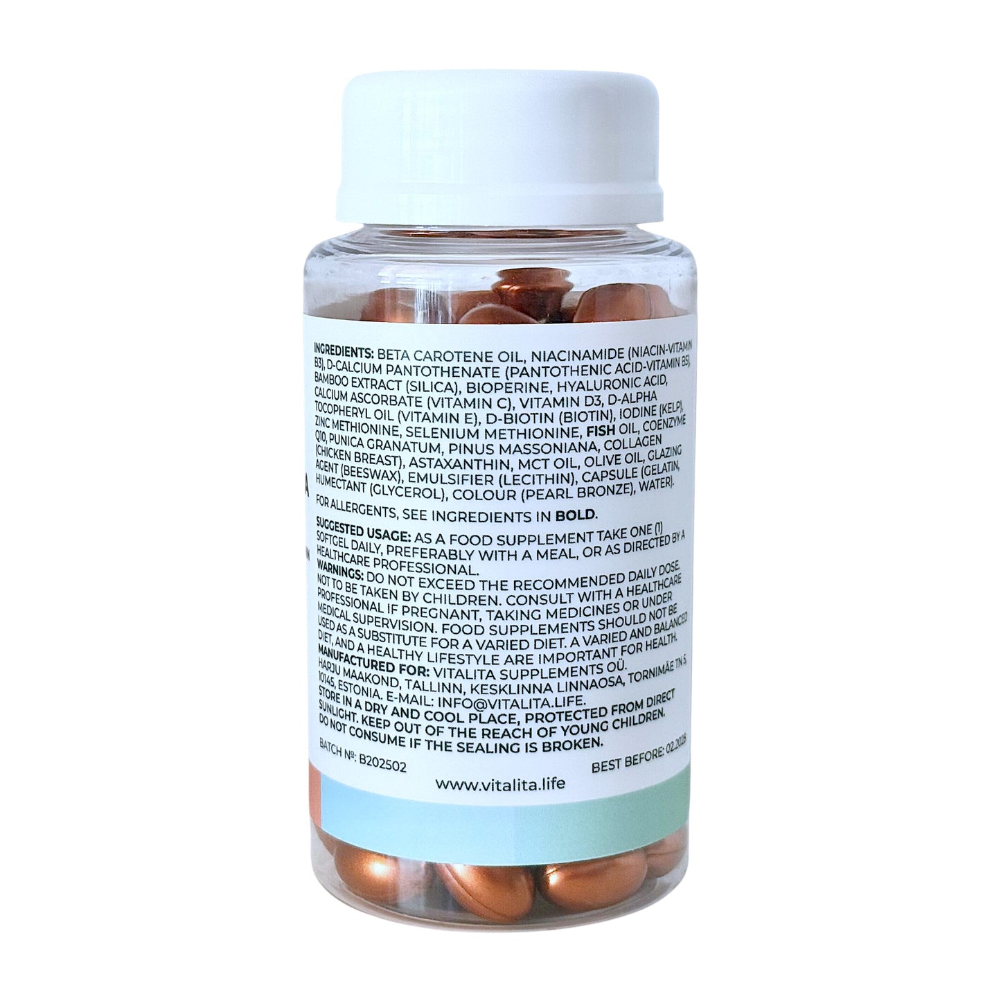 A jar of VITALITA Bronze & Beauty Antioxidant Formula with softgels inside. The label on the bottle indicates that it contains 9 vitamins and minerals - back side