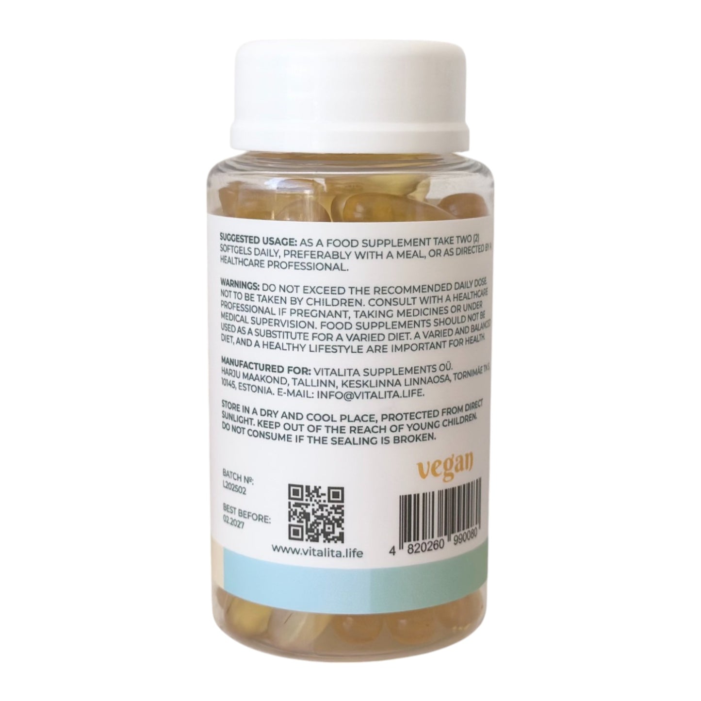 VITALITA Vegan Omega 3 from Algae food supplement/vetikast toidulisand/de algas complemento alimenticio - jar - back side