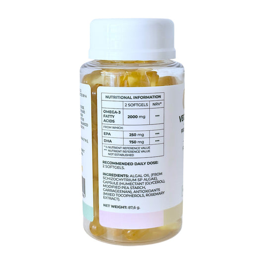 VITALITA Vegan Omega 3 from Algae food supplement/vetikast toidulisand/de algas complemento alimenticio - jar - table side