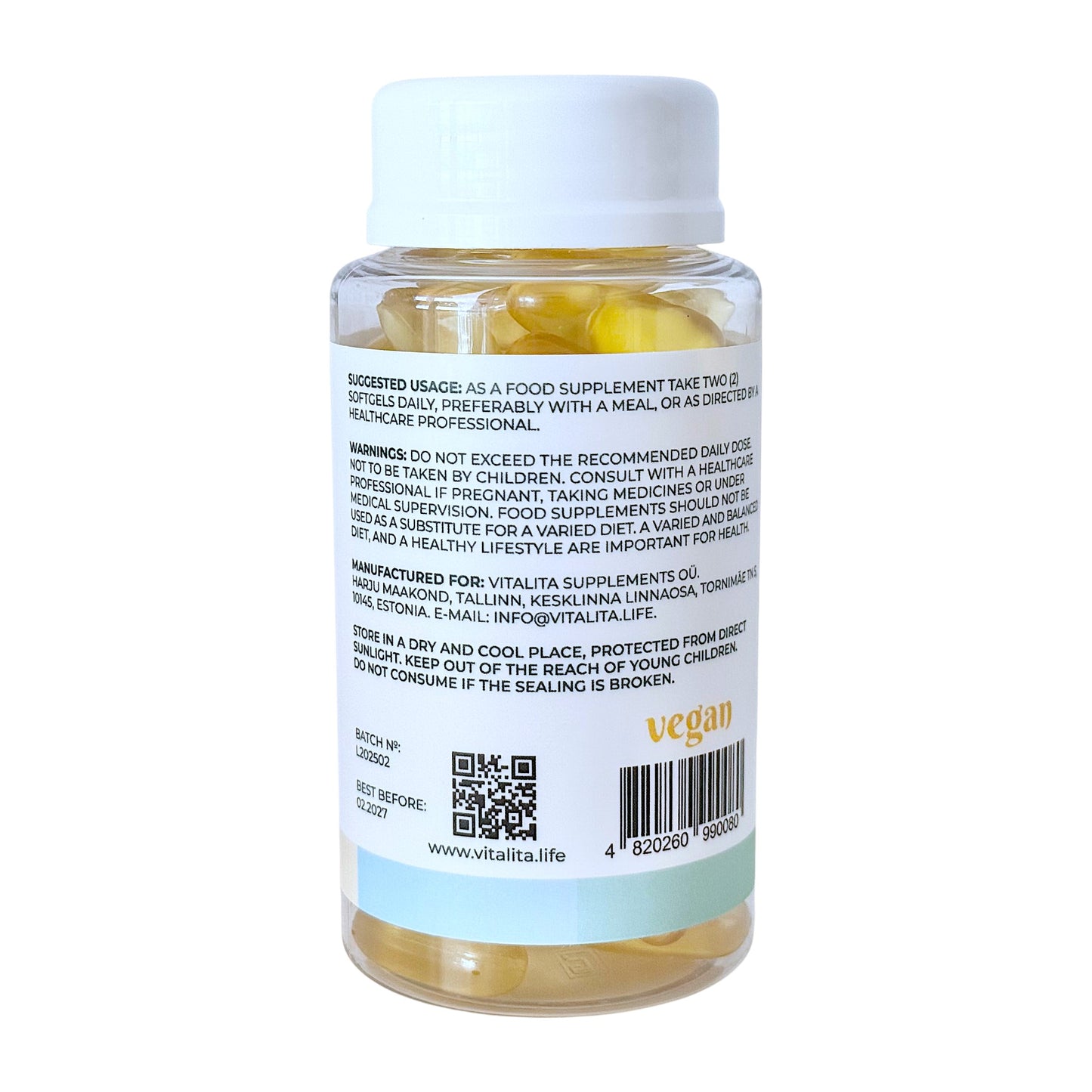 VITALITA Vegan Omega 3 from Algae food supplement/vetikast toidulisand/de algas complemento alimenticio - jar - back side