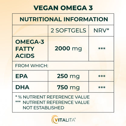 VITALITA Vegan Omega 3 from ALGAE nutritional Information/vetikast toitumisalane teave/de algas información nutricional