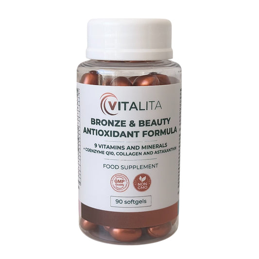 A jar of VITALITA Bronze & Beauty Antioxidant Formula with softgels inside. The label on the bottle indicates that it contains 9 vitamins and minerals.
