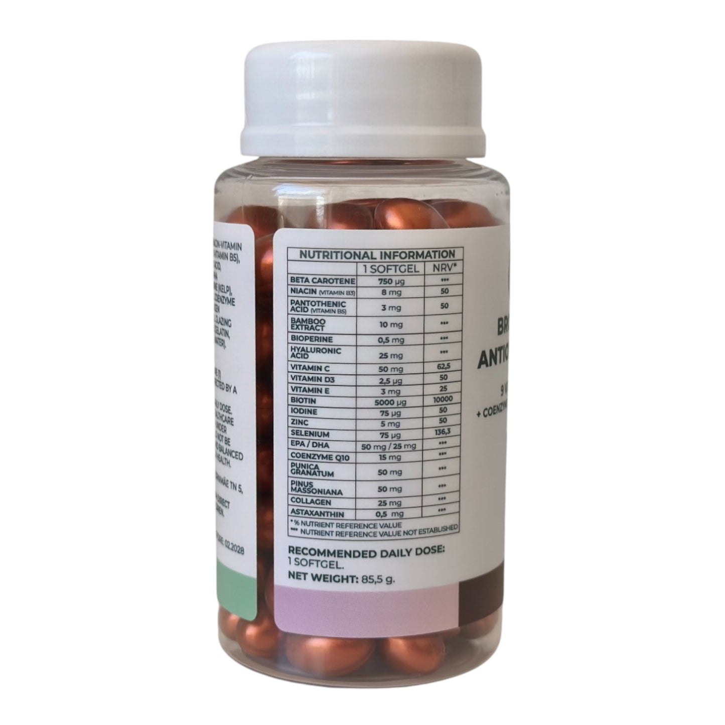 A jar of VITALITA Bronze & Beauty Antioxidant Formula with softgels inside. The label on the bottle indicates that it contains 9 vitamins and minerals - table side