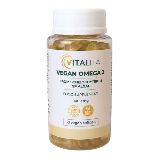 VITALITA Vegan Omega 3 from Algae food supplement/vetikast toidulisand/de algas complemento alimenticio - jar - front side
