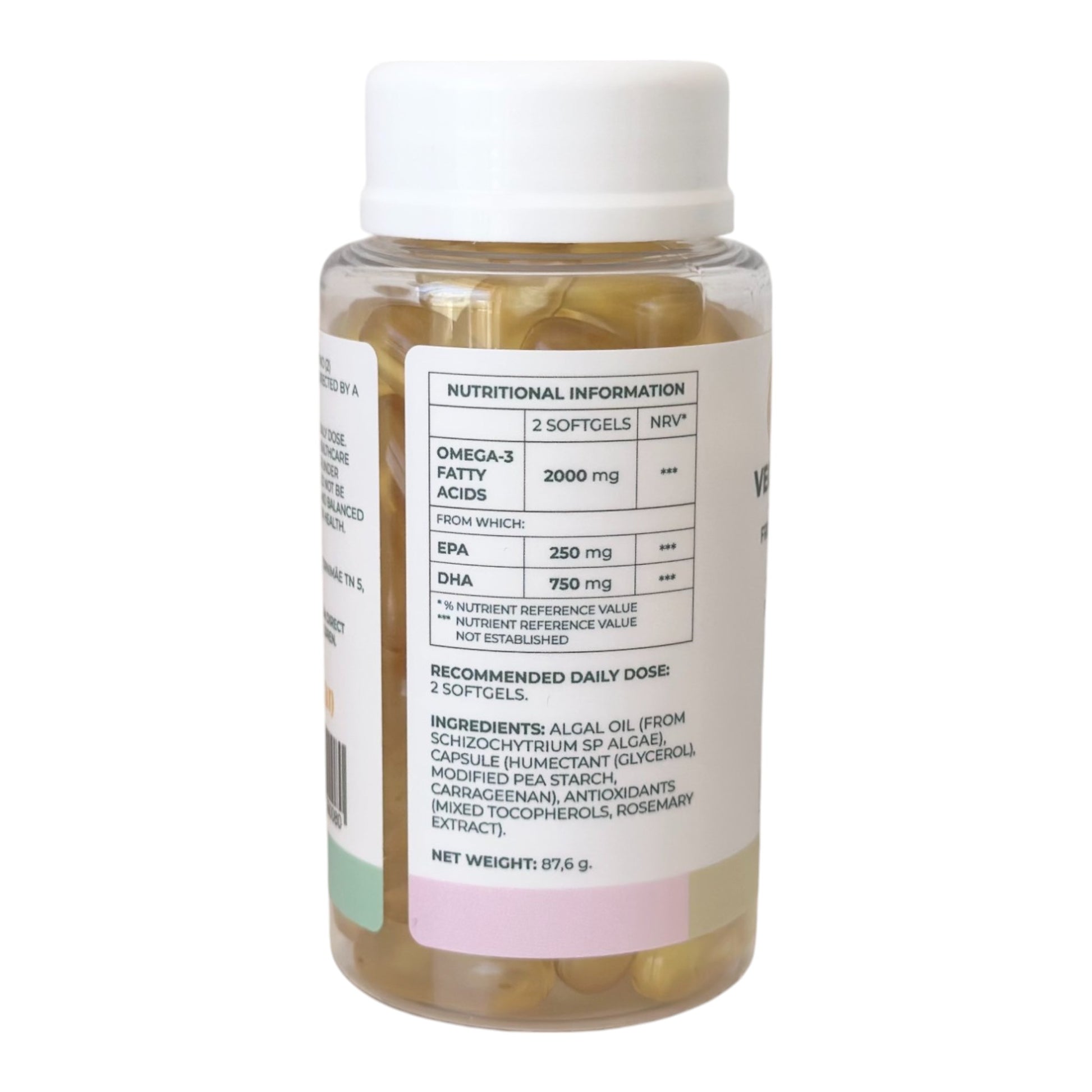 VITALITA Vegan Omega 3 from Algae food supplement/vetikast toidulisand/de algas complemento alimenticio - jar - table side