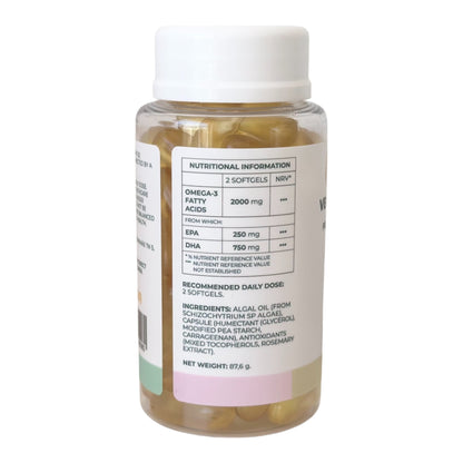 VITALITA Vegan Omega 3 from Algae food supplement/vetikast toidulisand/de algas complemento alimenticio - jar - table side