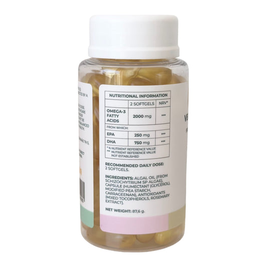 VITALITA Vegan Omega 3 from Algae food supplement/vetikast toidulisand/de algas complemento alimenticio - jar - table side